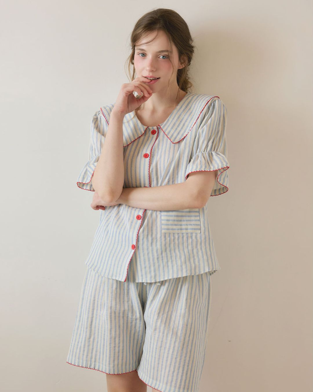 [PREORDER] Lunaluz Billy Stripe Cotton Sailor Collar Pajama Set (Dispatch Date: 17-21 Aug)